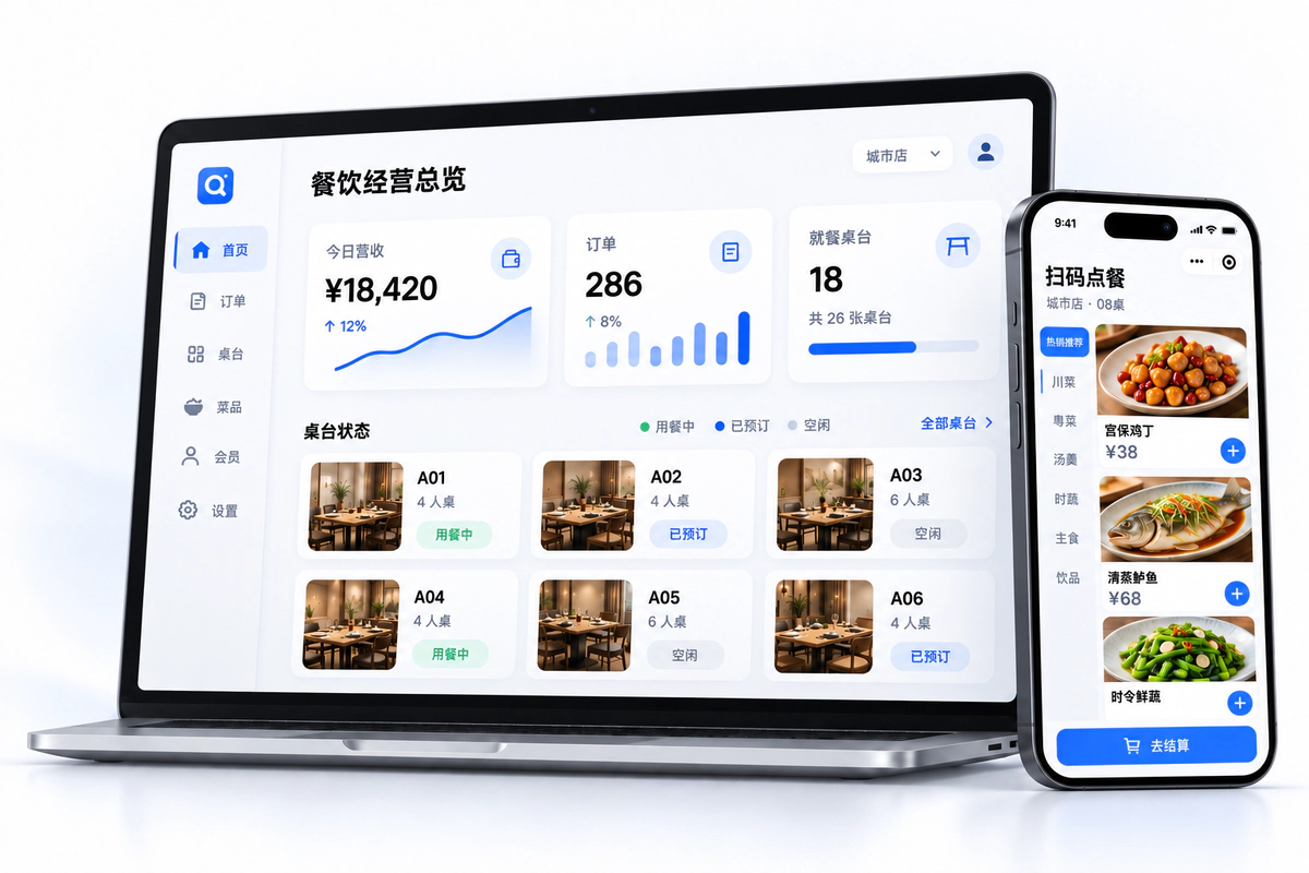 扫码点餐与餐饮经营系统,示意图
